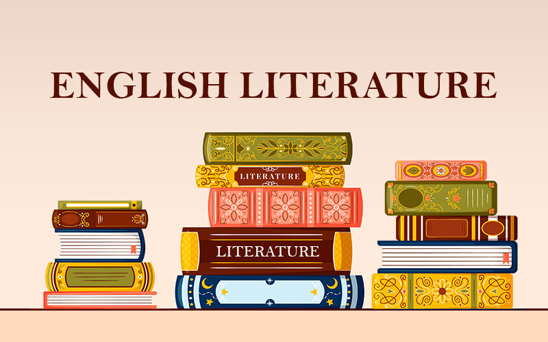 Colorful stacks of English Literature books on a shelf.