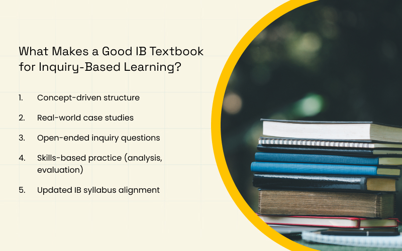 Infographic listing essential features of good IB textbooks.